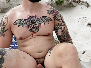 daddy Rusty Taylor jerks big cock on the beach bear amateur